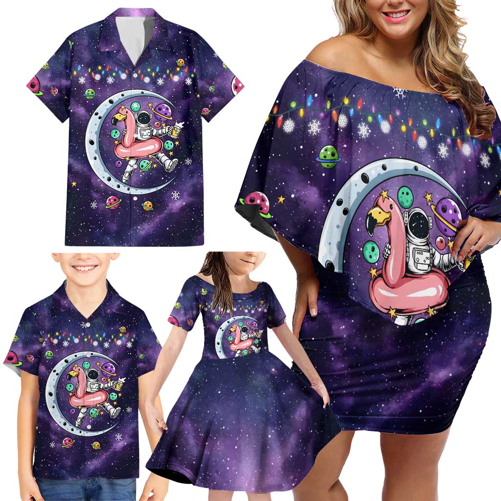 Funny Astronauts Sit On Flamingo Christmas Family Matching Off Shoulder Short Dress and Hawaiian Shirt Xmas Holiday Patterns - Wonder Print Shop