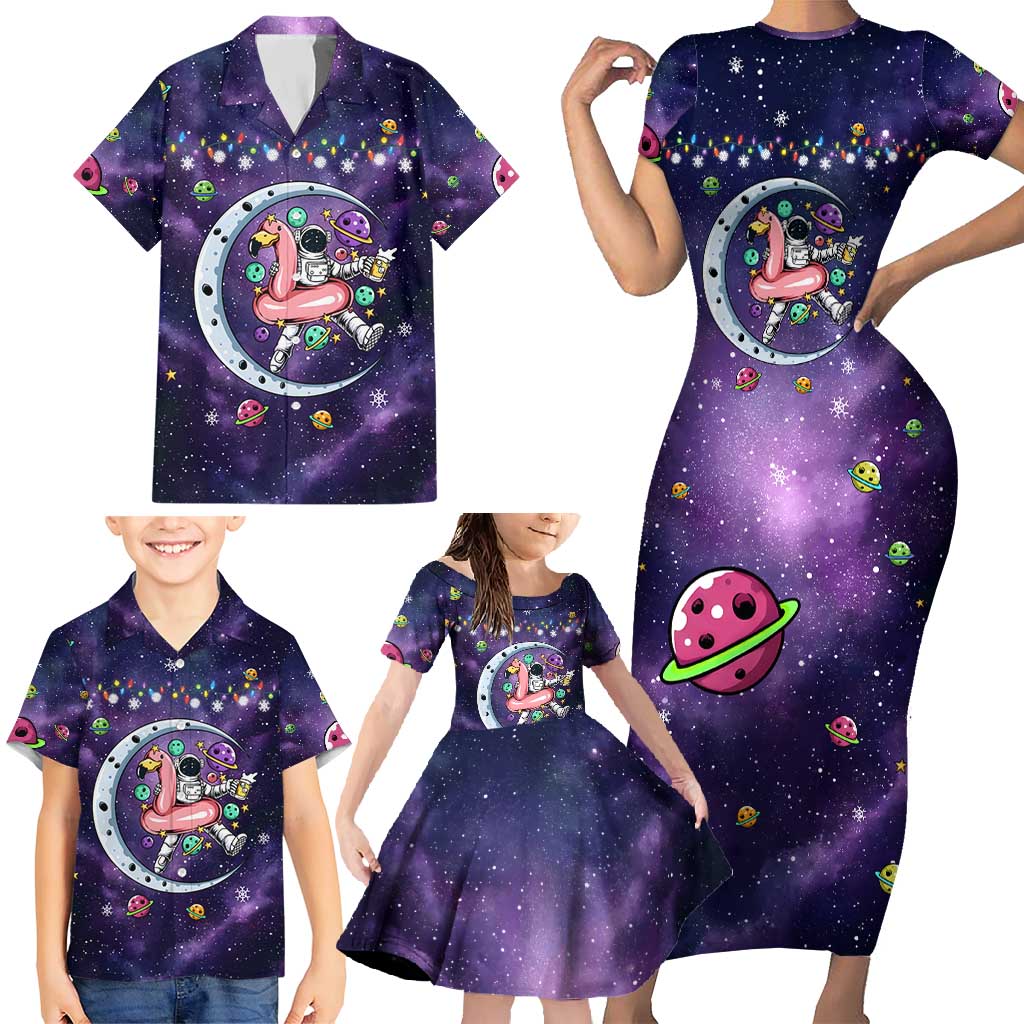 Funny Astronauts Sit On Flamingo Christmas Family Matching Short Sleeve Bodycon Dress and Hawaiian Shirt Xmas Holiday Patterns - Wonder Print Shop