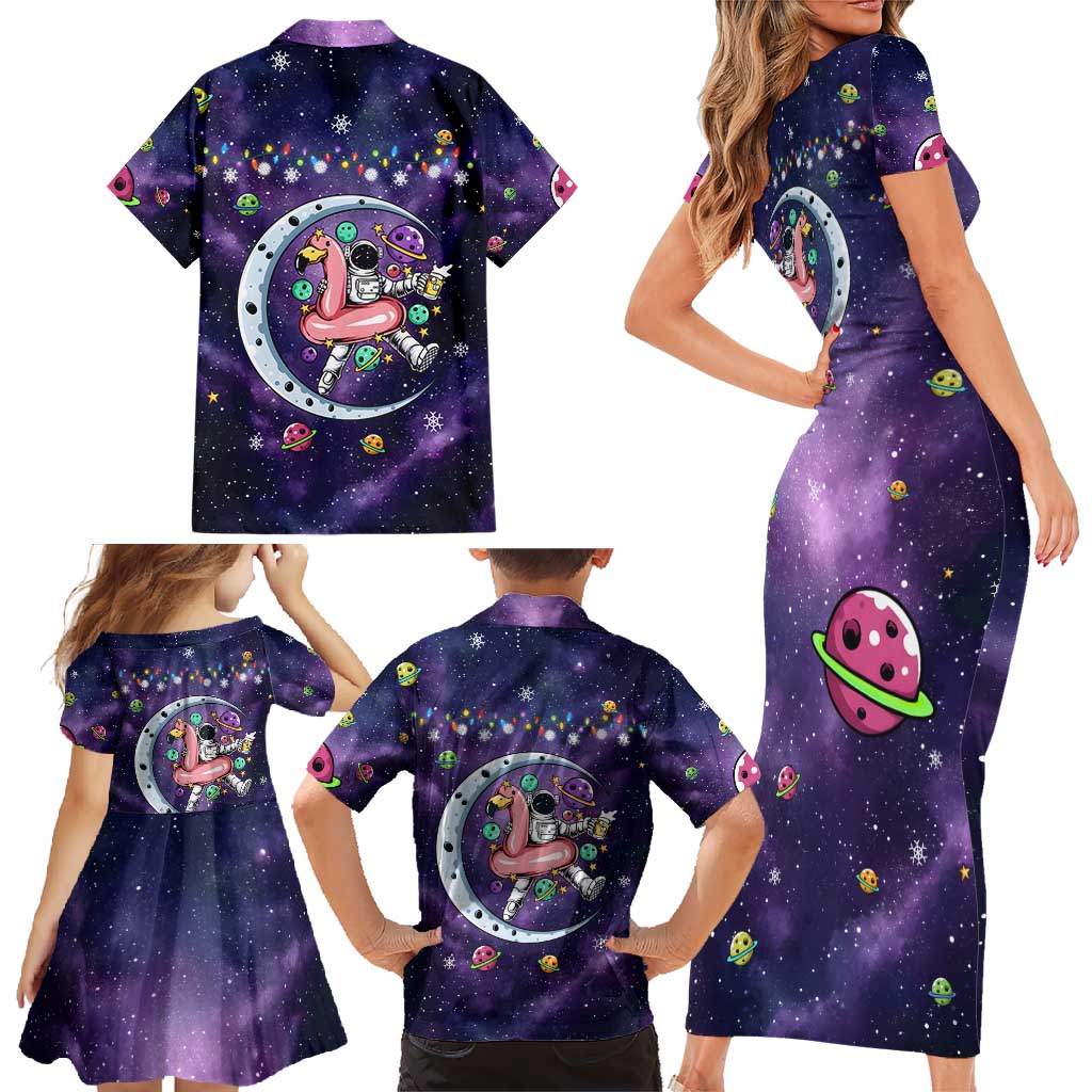 Funny Astronauts Sit On Flamingo Christmas Family Matching Short Sleeve Bodycon Dress and Hawaiian Shirt Xmas Holiday Patterns - Wonder Print Shop