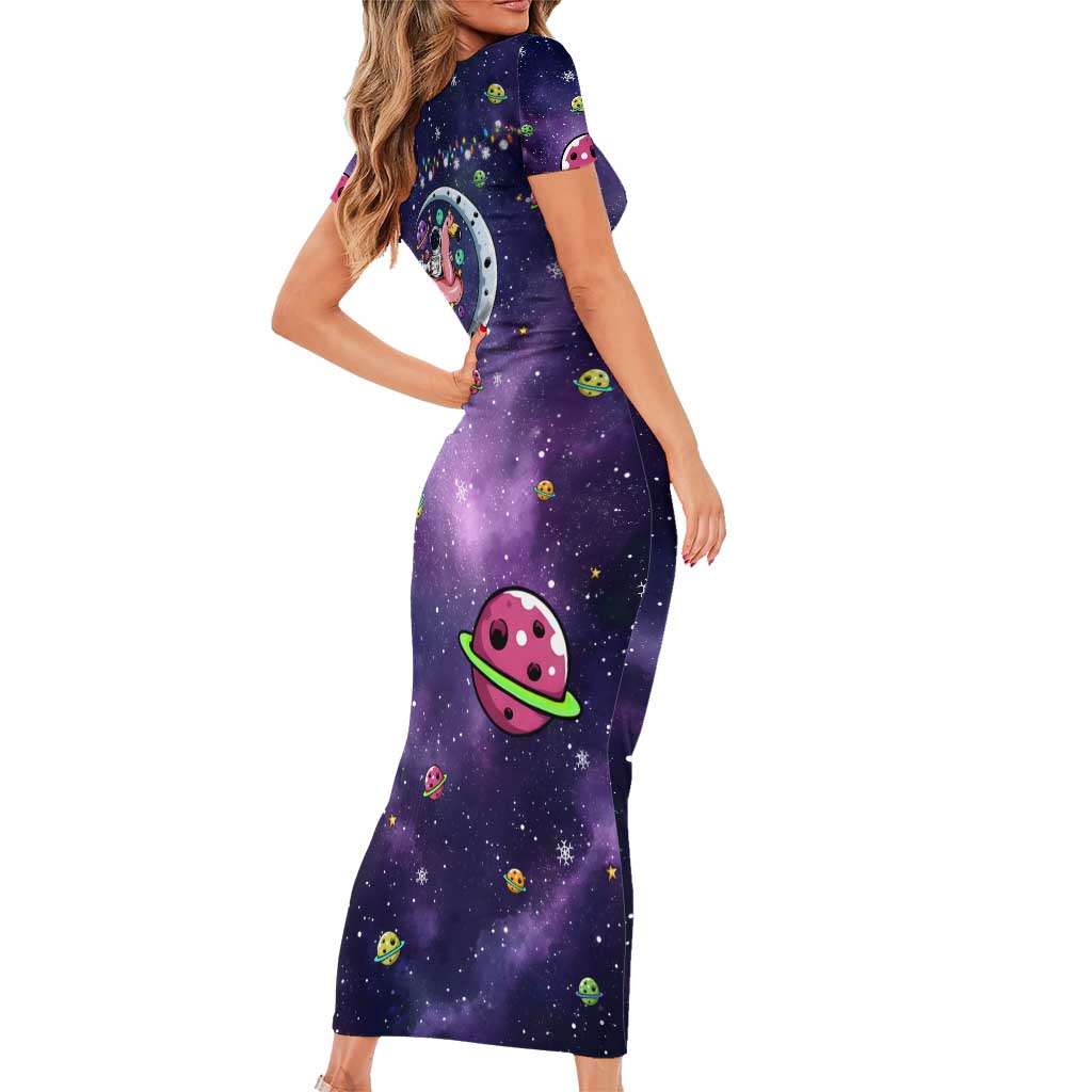 Funny Astronauts Sit On Flamingo Christmas Family Matching Short Sleeve Bodycon Dress and Hawaiian Shirt Xmas Holiday Patterns - Wonder Print Shop
