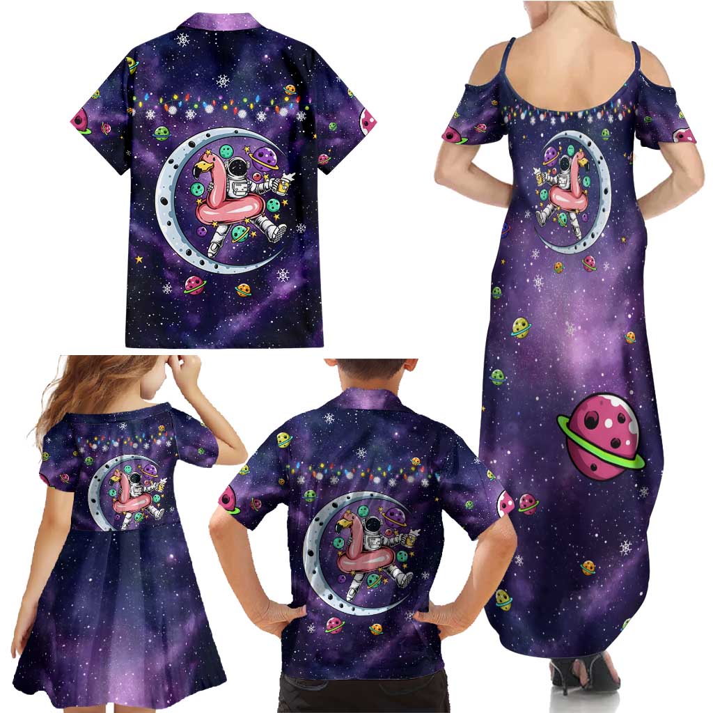 Funny Astronauts Sit On Flamingo Christmas Family Matching Summer Maxi Dress and Hawaiian Shirt Xmas Holiday Patterns - Wonder Print Shop