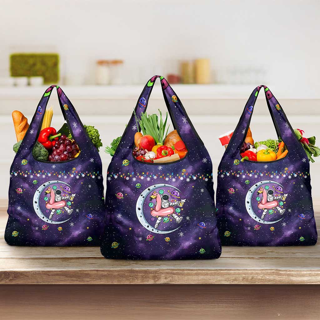 Funny Astronauts Sit On Flamingo Christmas Grocery Bag Xmas Holiday Patterns - Wonder Print Shop