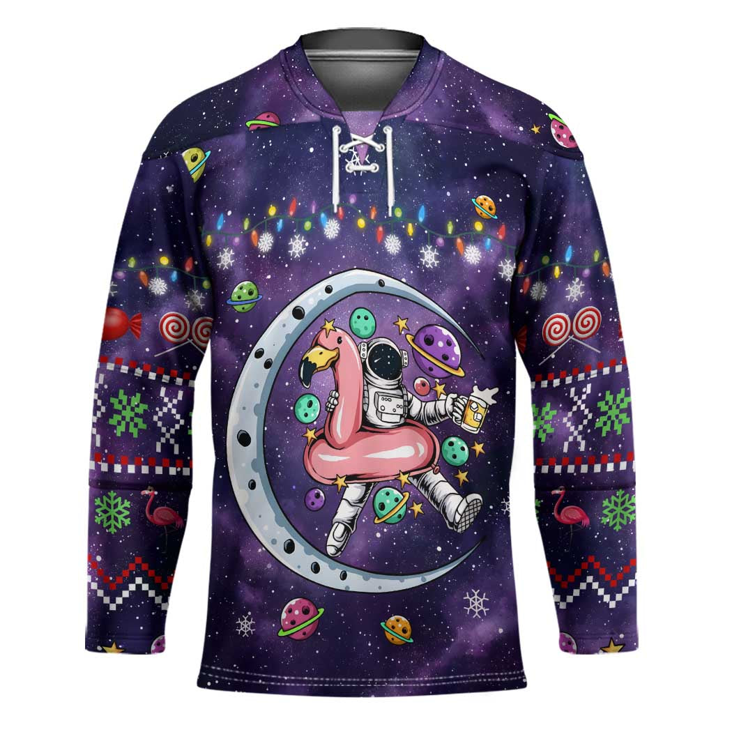 Funny Astronauts Sit On Flamingo Christmas Hockey Jersey Xmas Holiday Patterns - Wonder Print Shop