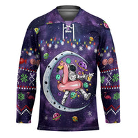Funny Astronauts Sit On Flamingo Christmas Hockey Jersey Xmas Holiday Patterns - Wonder Print Shop