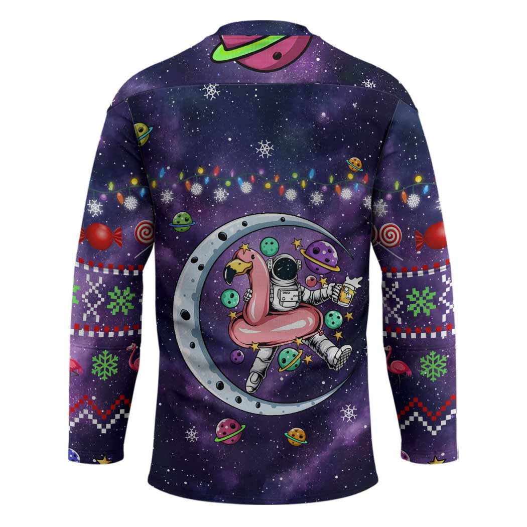 Funny Astronauts Sit On Flamingo Christmas Hockey Jersey Xmas Holiday Patterns - Wonder Print Shop