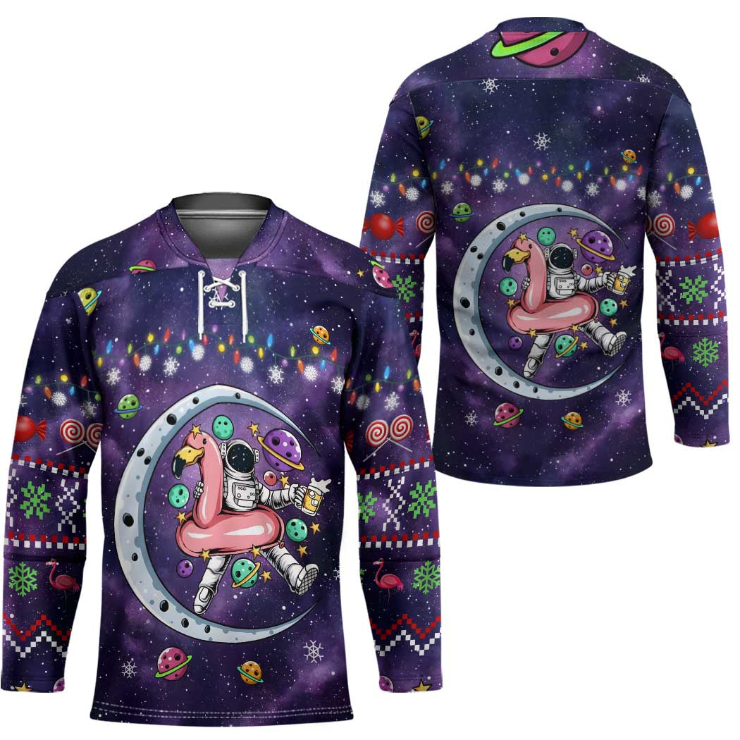 Funny Astronauts Sit On Flamingo Christmas Hockey Jersey Xmas Holiday Patterns - Wonder Print Shop