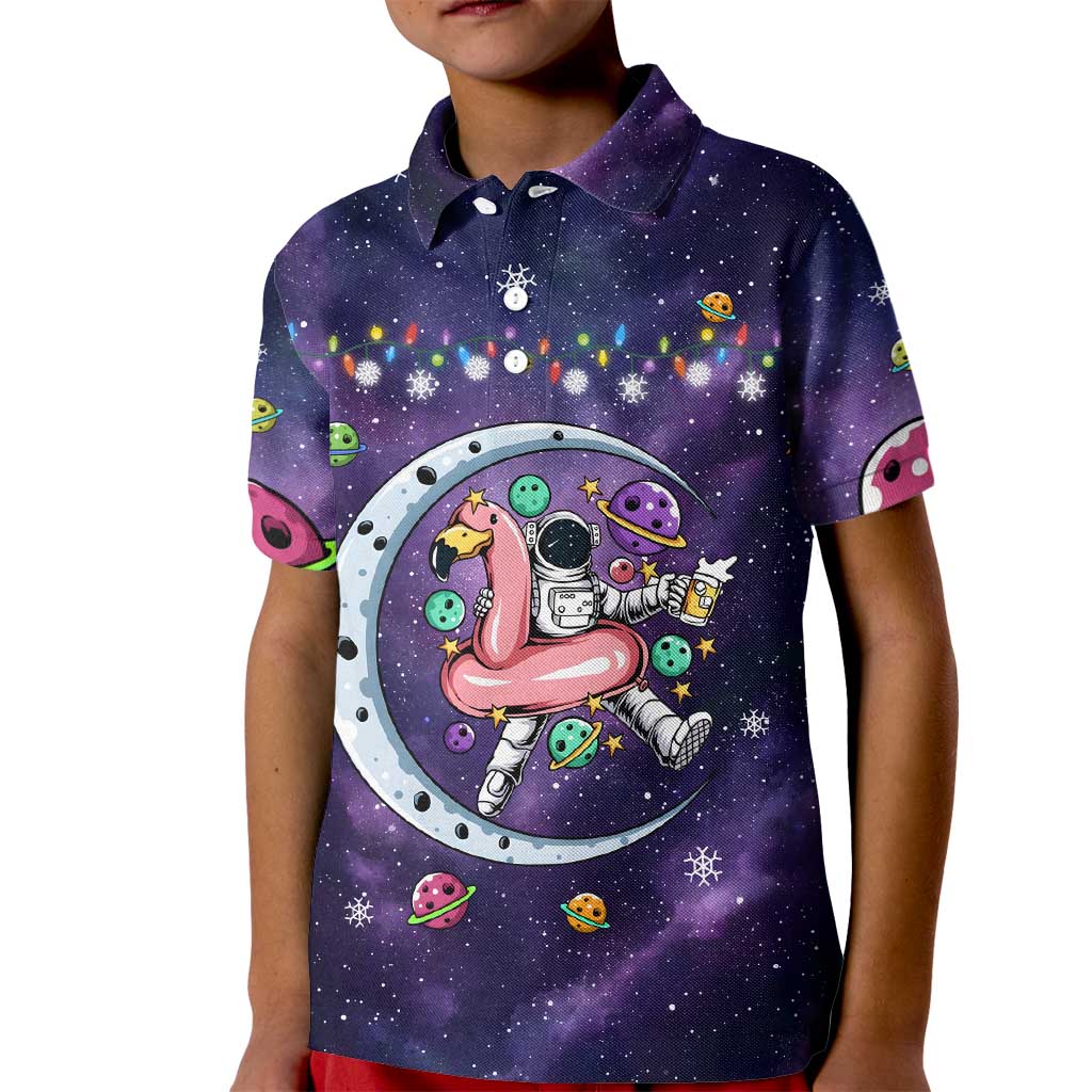Funny Astronauts Sit On Flamingo Christmas Kid Polo Shirt Xmas Holiday Patterns - Wonder Print Shop