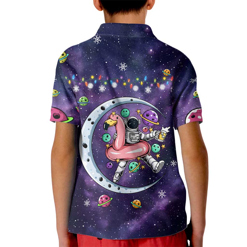 Funny Astronauts Sit On Flamingo Christmas Kid Polo Shirt Xmas Holiday Patterns - Wonder Print Shop