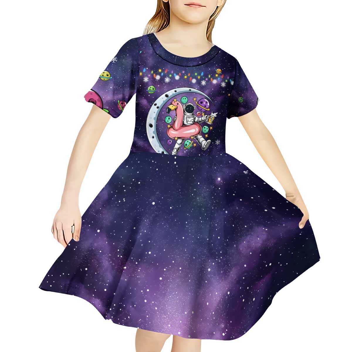 Funny Astronauts Sit On Flamingo Christmas Kid Short Sleeve Dress Xmas Holiday Patterns - Wonder Print Shop