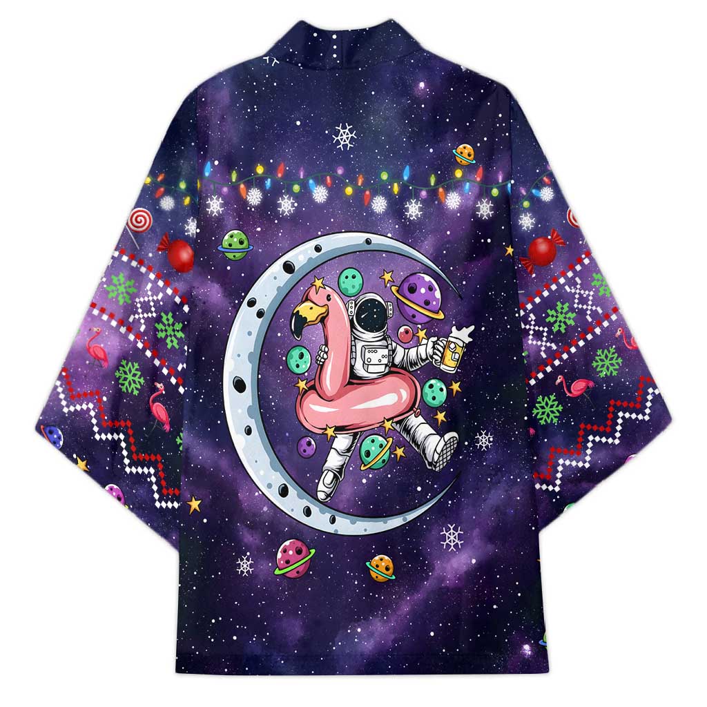 Funny Astronauts Sit On Flamingo Christmas Kimono Xmas Holiday Patterns - Wonder Print Shop