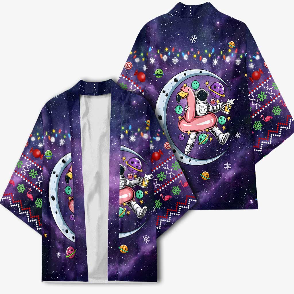 Funny Astronauts Sit On Flamingo Christmas Kimono Xmas Holiday Patterns - Wonder Print Shop