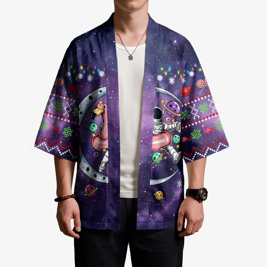 Funny Astronauts Sit On Flamingo Christmas Kimono Xmas Holiday Patterns - Wonder Print Shop