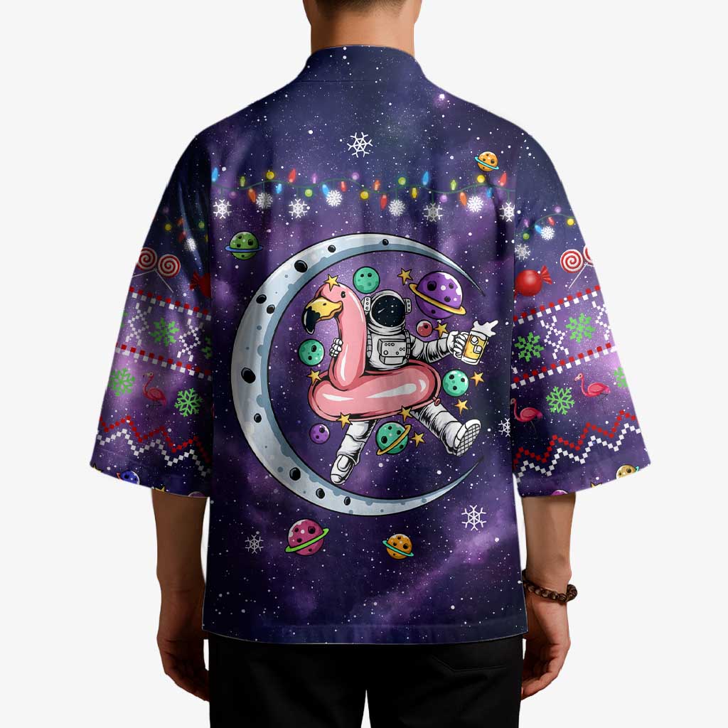 Funny Astronauts Sit On Flamingo Christmas Kimono Xmas Holiday Patterns - Wonder Print Shop