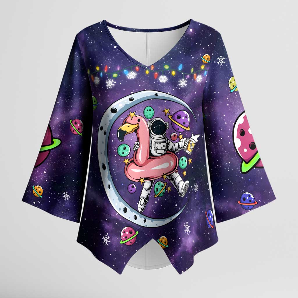 Funny Astronauts Sit On Flamingo Christmas Kimono Sleeve Blouse Xmas Holiday Patterns - Wonder Print Shop