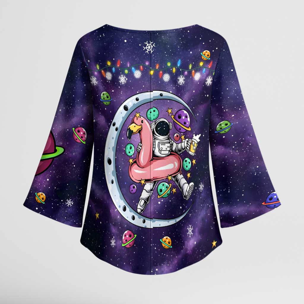 Funny Astronauts Sit On Flamingo Christmas Kimono Sleeve Blouse Xmas Holiday Patterns - Wonder Print Shop