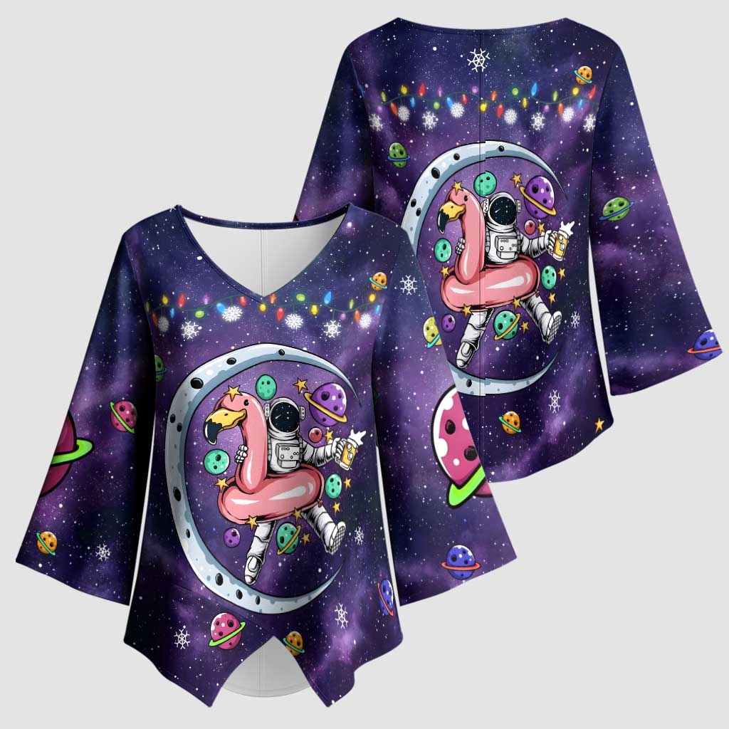 Funny Astronauts Sit On Flamingo Christmas Kimono Sleeve Blouse Xmas Holiday Patterns - Wonder Print Shop