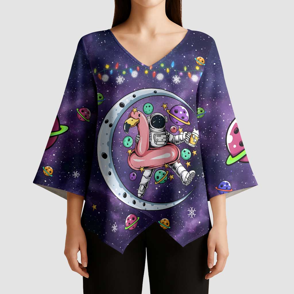 Funny Astronauts Sit On Flamingo Christmas Kimono Sleeve Blouse Xmas Holiday Patterns - Wonder Print Shop