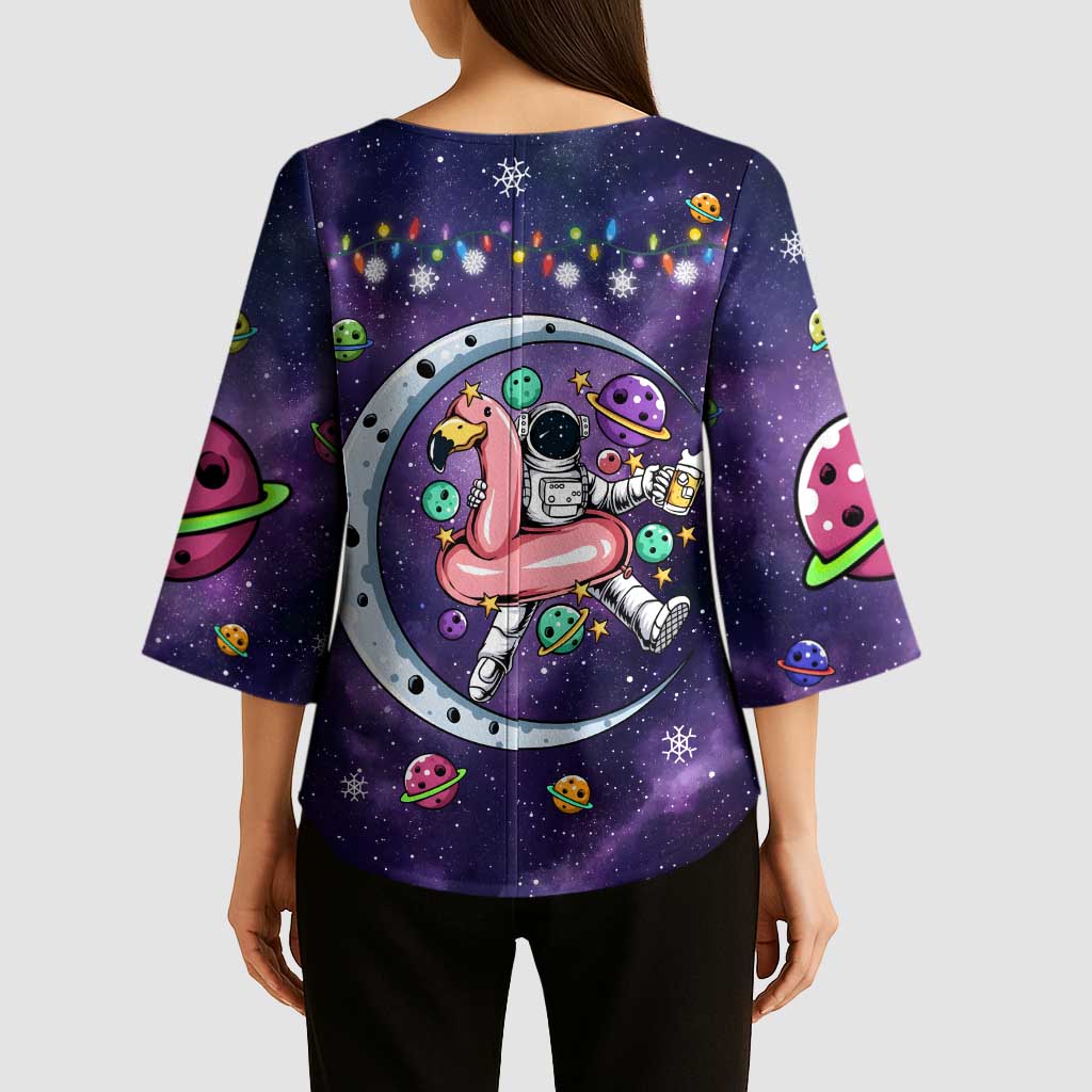 Funny Astronauts Sit On Flamingo Christmas Kimono Sleeve Blouse Xmas Holiday Patterns - Wonder Print Shop