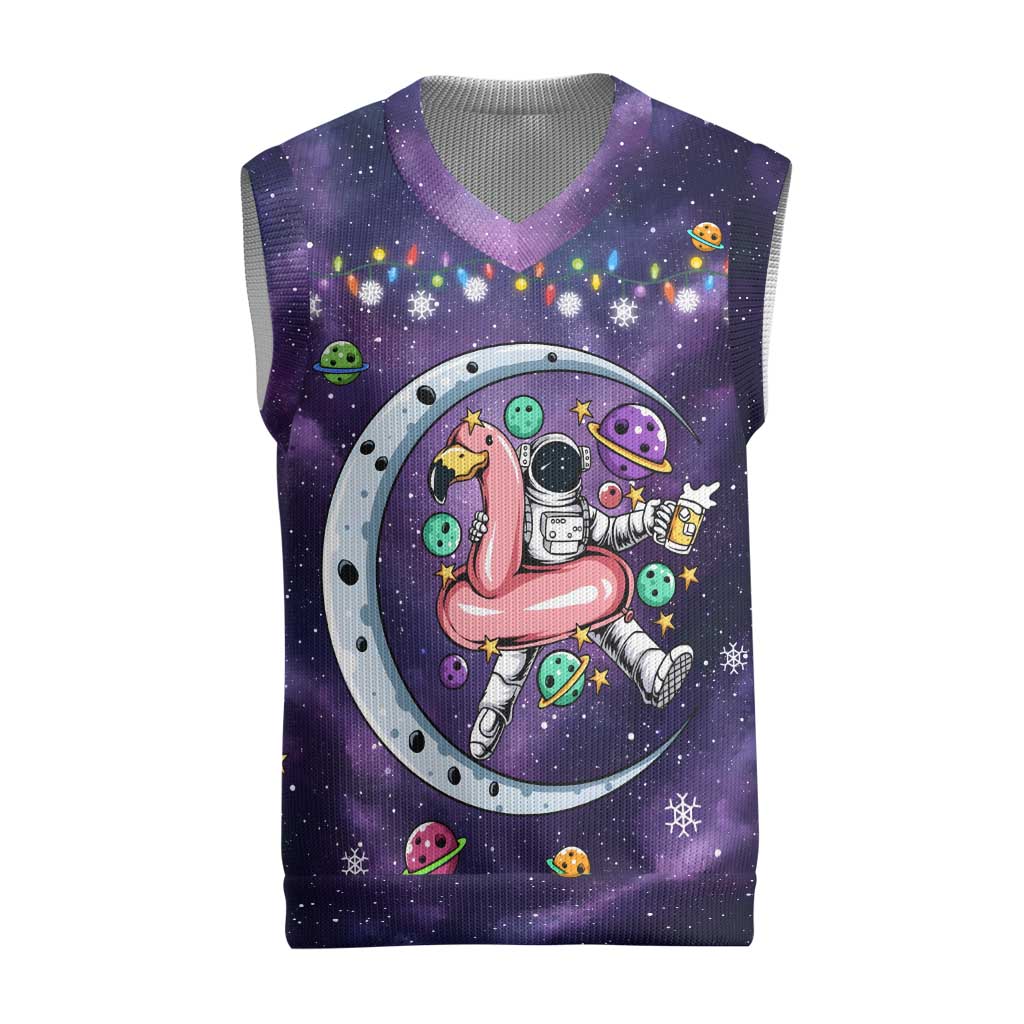Funny Astronauts Sit On Flamingo Christmas Knitted V-Neck Vest Xmas Holiday Patterns - Wonder Print Shop