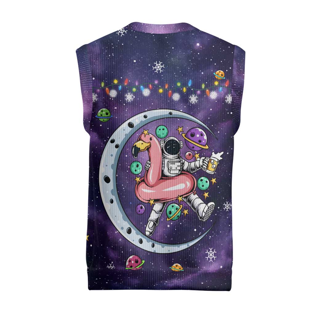 Funny Astronauts Sit On Flamingo Christmas Knitted V-Neck Vest Xmas Holiday Patterns - Wonder Print Shop