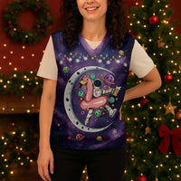 Funny Astronauts Sit On Flamingo Christmas Knitted V-Neck Vest Xmas Holiday Patterns - Wonder Print Shop