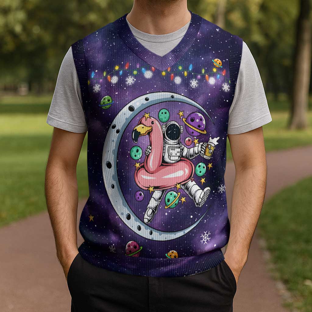 Funny Astronauts Sit On Flamingo Christmas Knitted V-Neck Vest Xmas Holiday Patterns - Wonder Print Shop