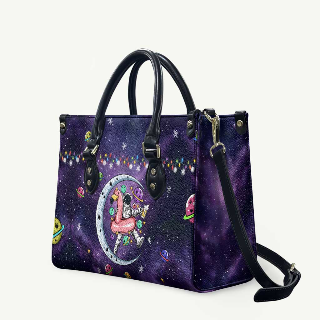 Funny Astronauts Sit On Flamingo Christmas Leather Bag Xmas Holiday Patterns - Wonder Print Shop
