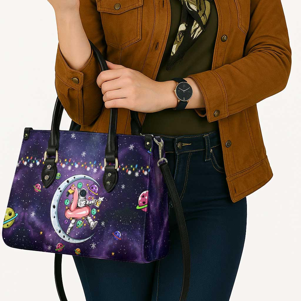 Funny Astronauts Sit On Flamingo Christmas Leather Bag Xmas Holiday Patterns - Wonder Print Shop