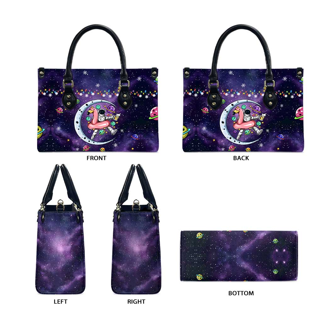 Funny Astronauts Sit On Flamingo Christmas Leather Bag Xmas Holiday Patterns - Wonder Print Shop