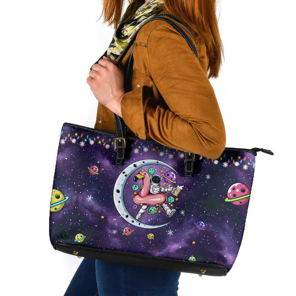 Funny Astronauts Sit On Flamingo Christmas Leather Tote Bag Xmas Holiday Patterns - Wonder Print Shop