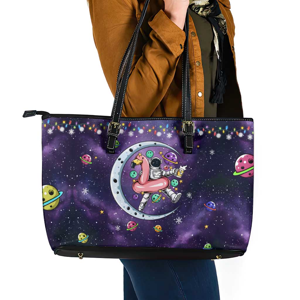 Funny Astronauts Sit On Flamingo Christmas Leather Tote Bag Xmas Holiday Patterns - Wonder Print Shop