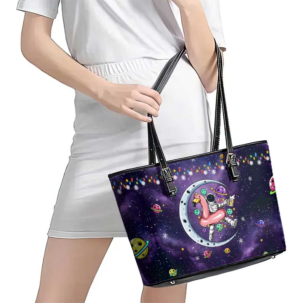 Funny Astronauts Sit On Flamingo Christmas Leather Tote Bag Xmas Holiday Patterns - Wonder Print Shop