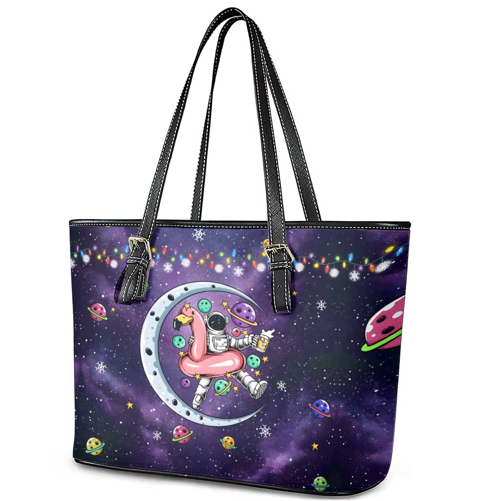 Funny Astronauts Sit On Flamingo Christmas Leather Tote Bag Xmas Holiday Patterns - Wonder Print Shop