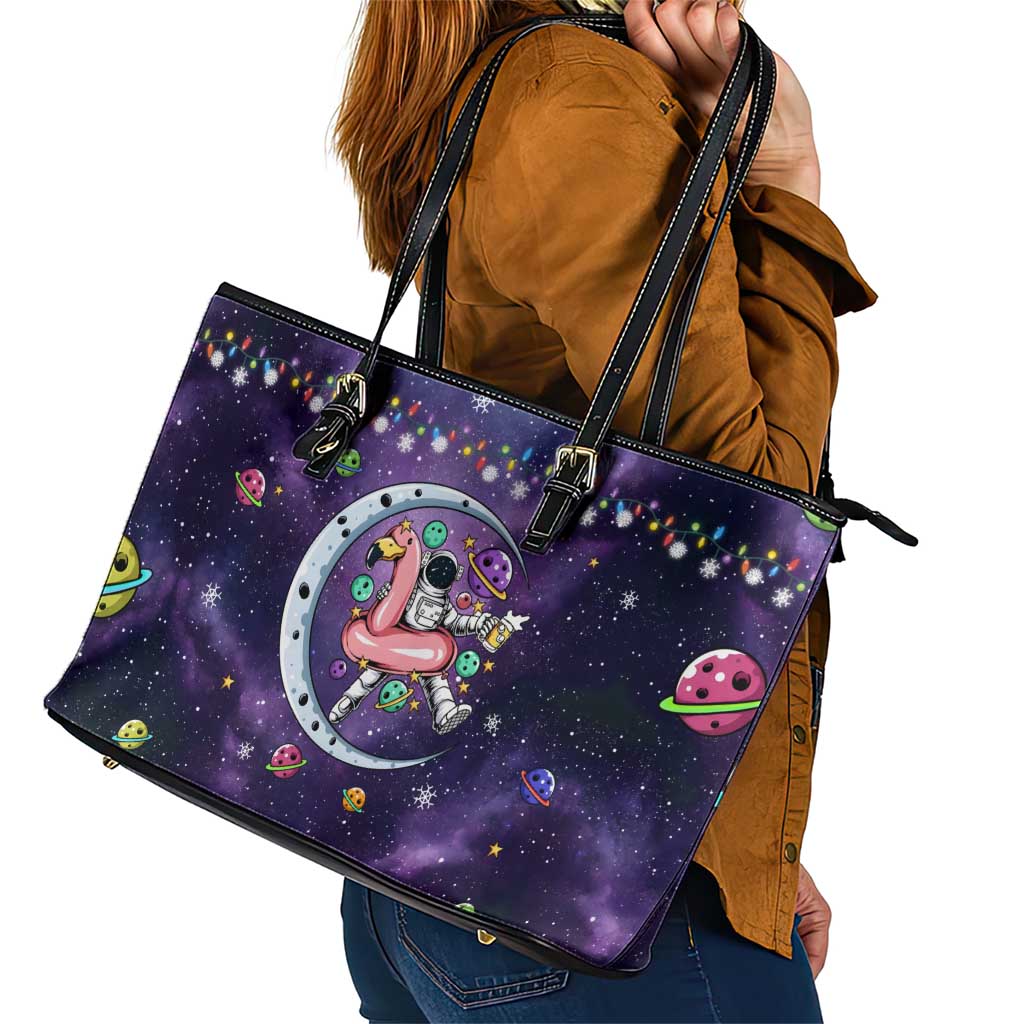 Funny Astronauts Sit On Flamingo Christmas Leather Tote Bag Xmas Holiday Patterns - Wonder Print Shop