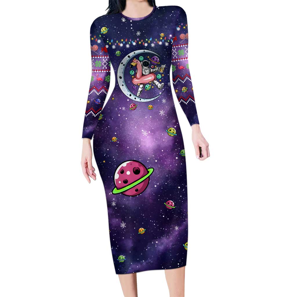 Funny Astronauts Sit On Flamingo Christmas Long Sleeve Bodycon Dress Xmas Holiday Patterns - Wonder Print Shop