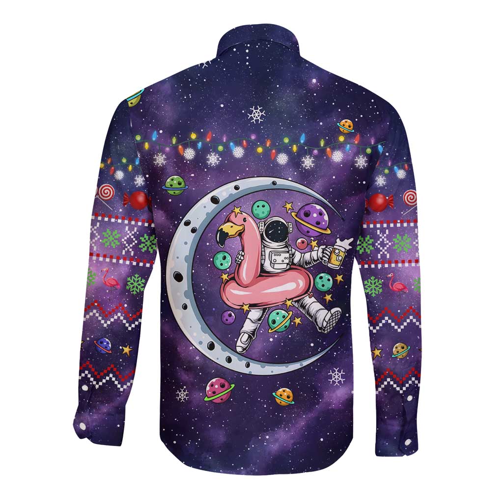 Funny Astronauts Sit On Flamingo Christmas Long Sleeve Button Shirt Xmas Holiday Patterns - Wonder Print Shop