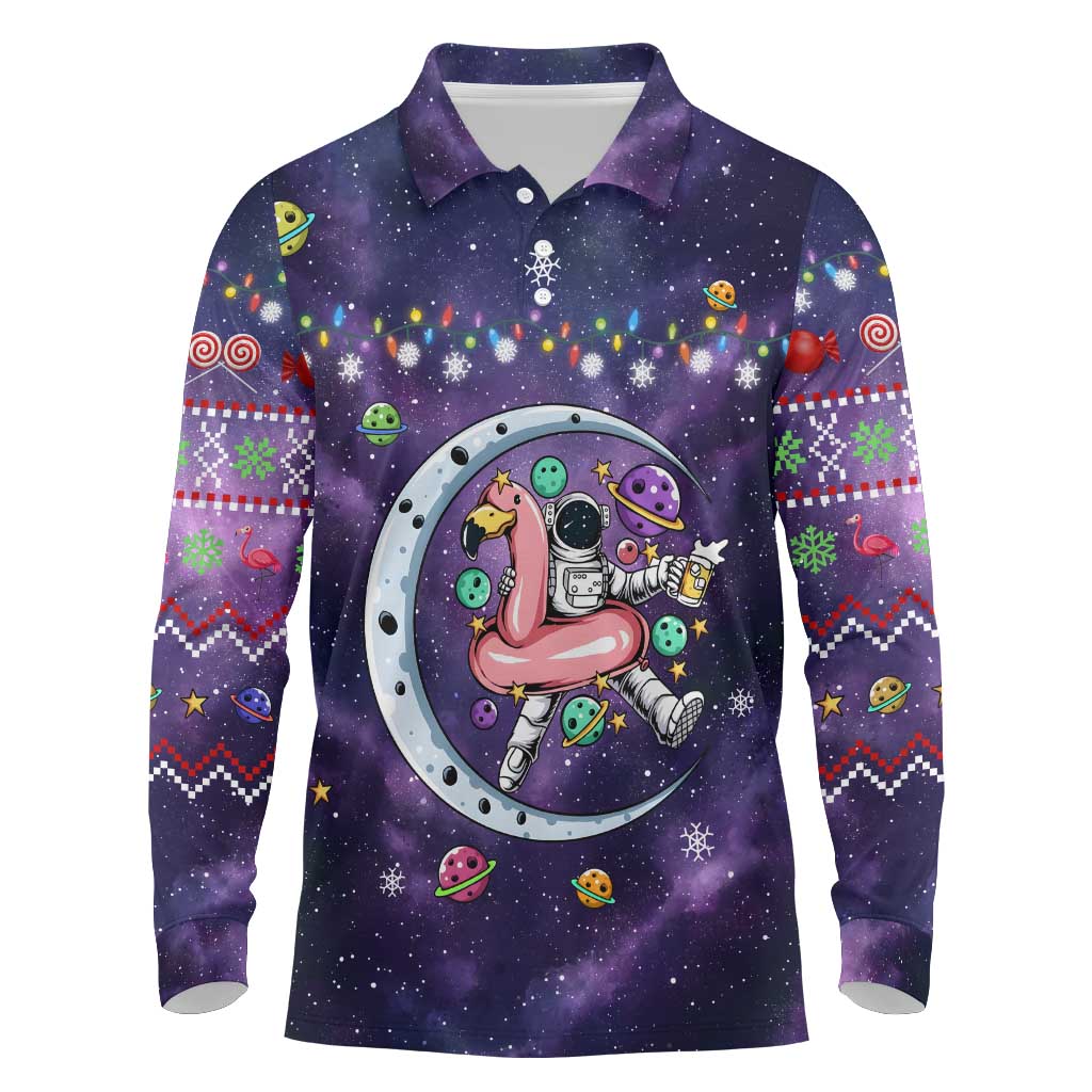 Funny Astronauts Sit On Flamingo Christmas Long Sleeve Polo Shirt Xmas Holiday Patterns - Wonder Print Shop