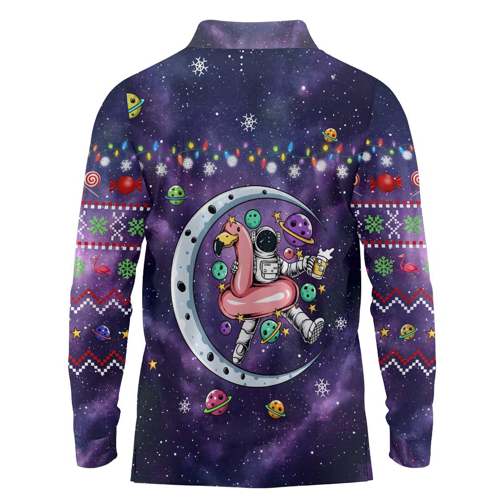 Funny Astronauts Sit On Flamingo Christmas Long Sleeve Polo Shirt Xmas Holiday Patterns - Wonder Print Shop