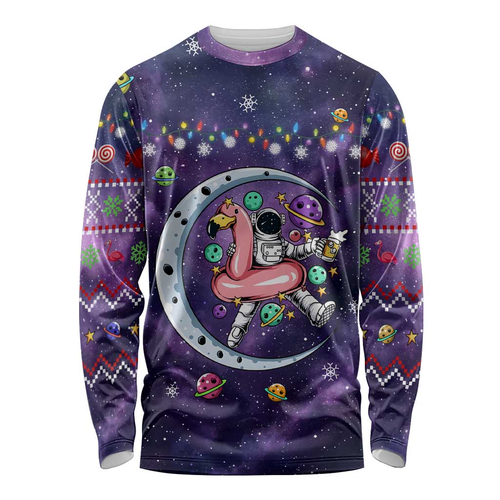 Funny Astronauts Sit On Flamingo Christmas Long Sleeve Shirt Xmas Holiday Patterns - Wonder Print Shop