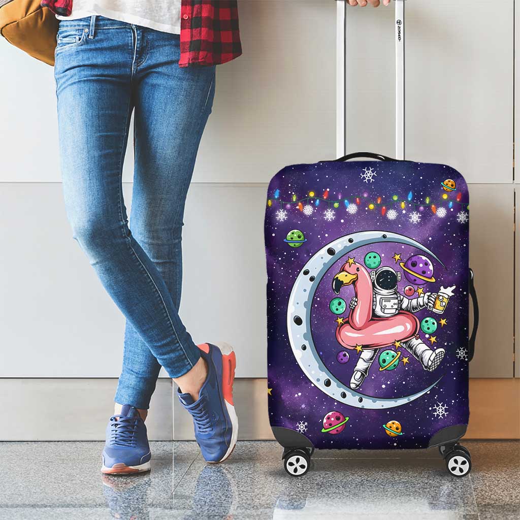 Funny Astronauts Sit On Flamingo Christmas Luggage Cover Xmas Holiday Patterns - Wonder Print Shop