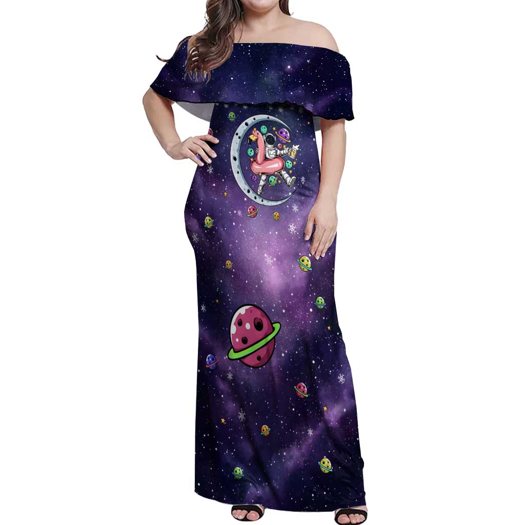 Funny Astronauts Sit On Flamingo Christmas Off Shoulder Maxi Dress Xmas Holiday Patterns - Wonder Print Shop