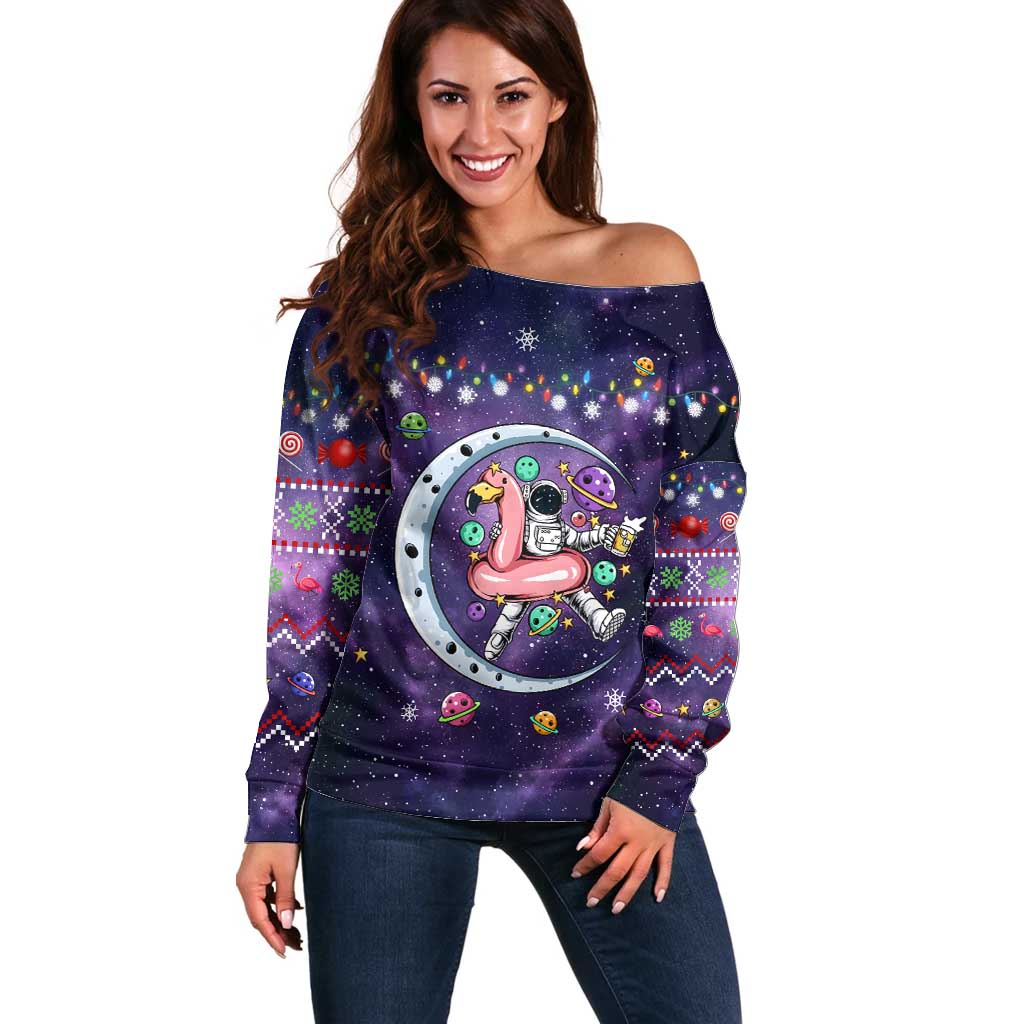 Funny Astronauts Sit On Flamingo Christmas Off Shoulder Sweater Xmas Holiday Patterns - Wonder Print Shop