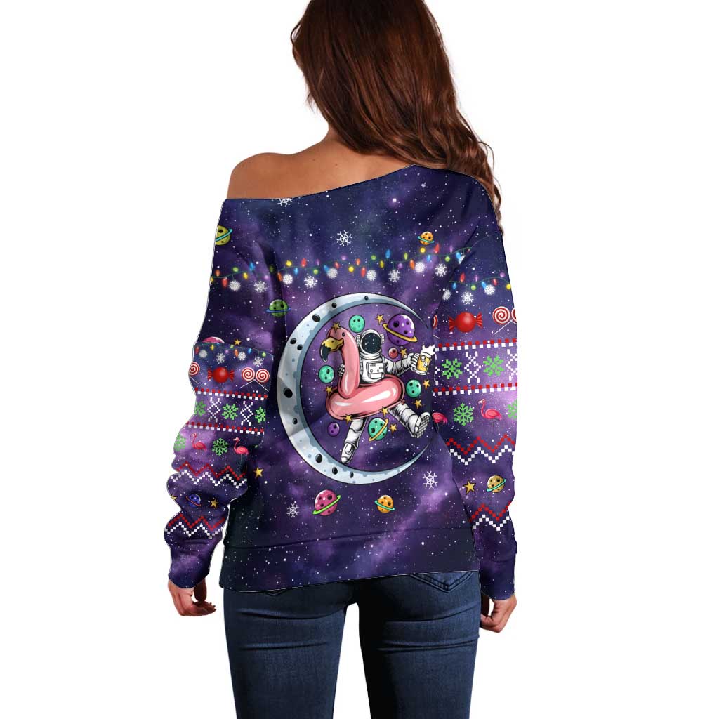 Funny Astronauts Sit On Flamingo Christmas Off Shoulder Sweater Xmas Holiday Patterns - Wonder Print Shop