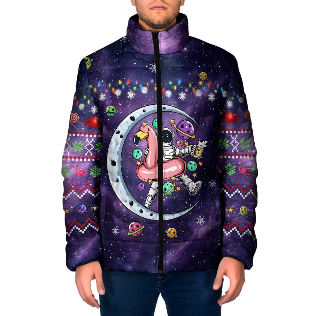 Funny Astronauts Sit On Flamingo Christmas Padded Jacket Xmas Holiday Patterns - Wonder Print Shop