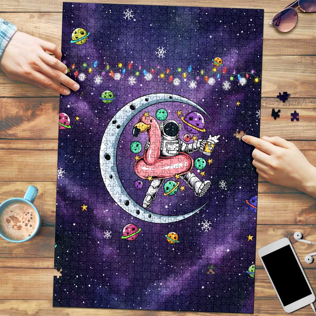 Funny Astronauts Sit On Flamingo Christmas Puzzle Xmas Holiday Patterns - Wonder Print Shop