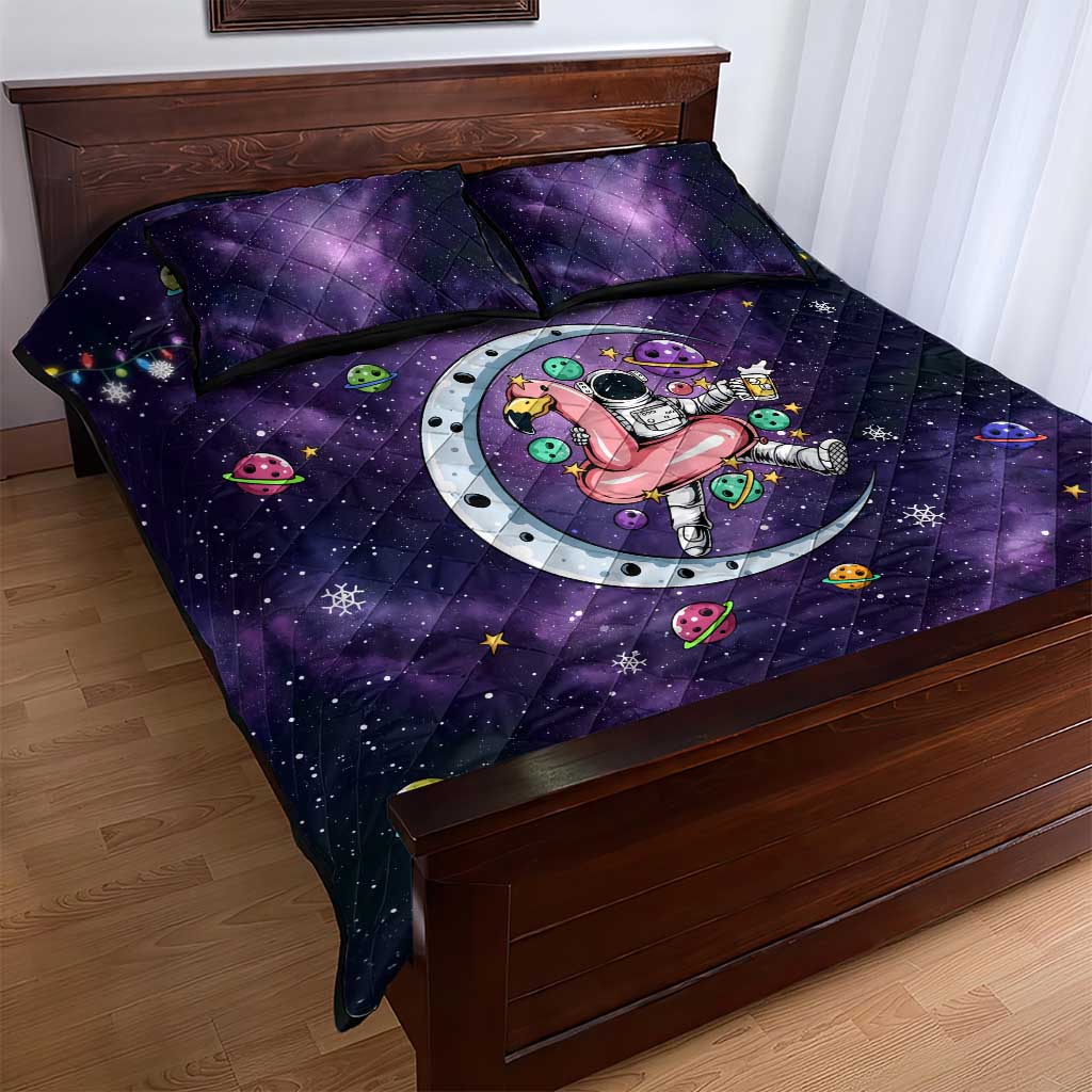 Funny Astronauts Sit On Flamingo Christmas Quilt Bed Set Xmas Holiday Patterns - Wonder Print Shop