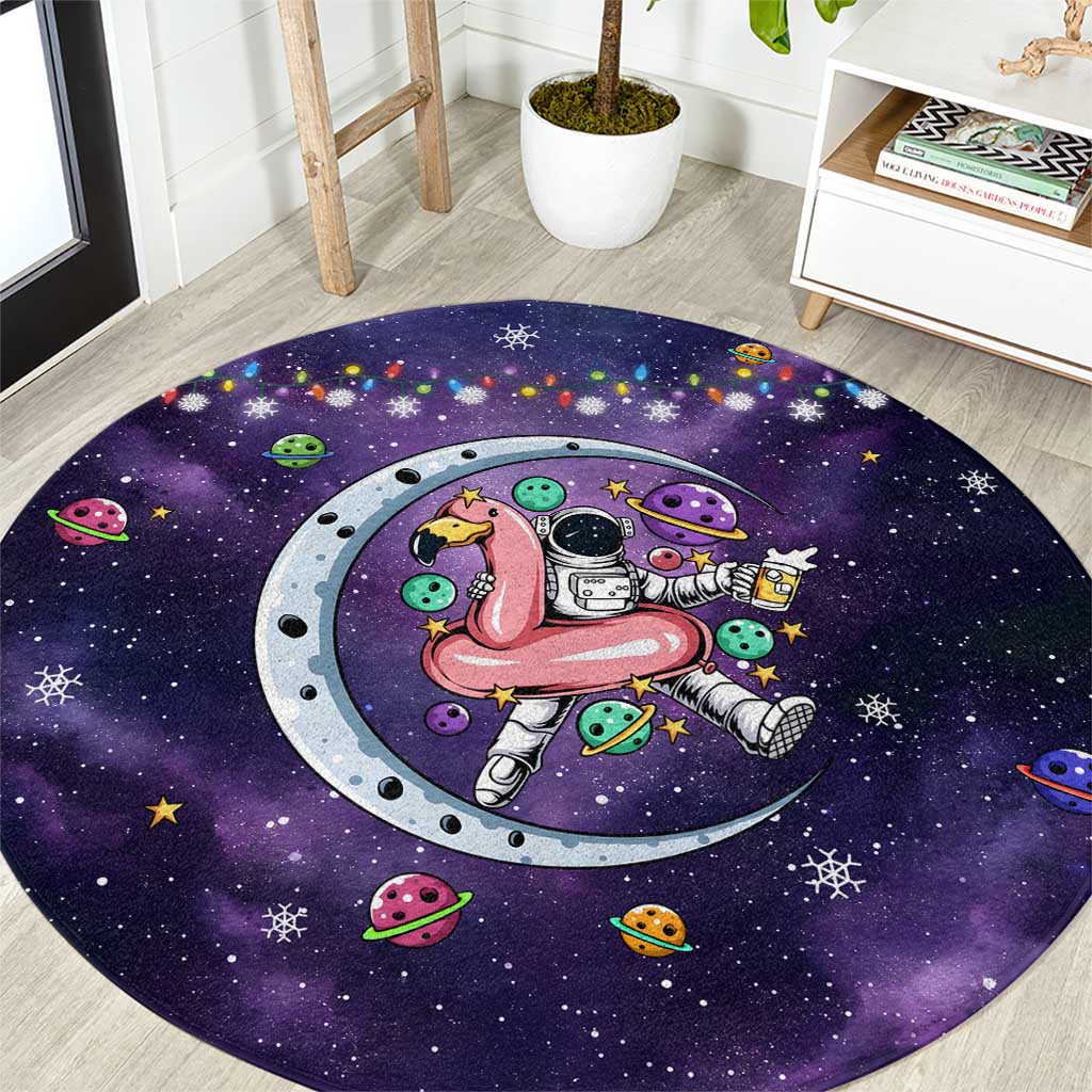 Funny Astronauts Sit On Flamingo Christmas Round Carpet Xmas Holiday Patterns - Wonder Print Shop