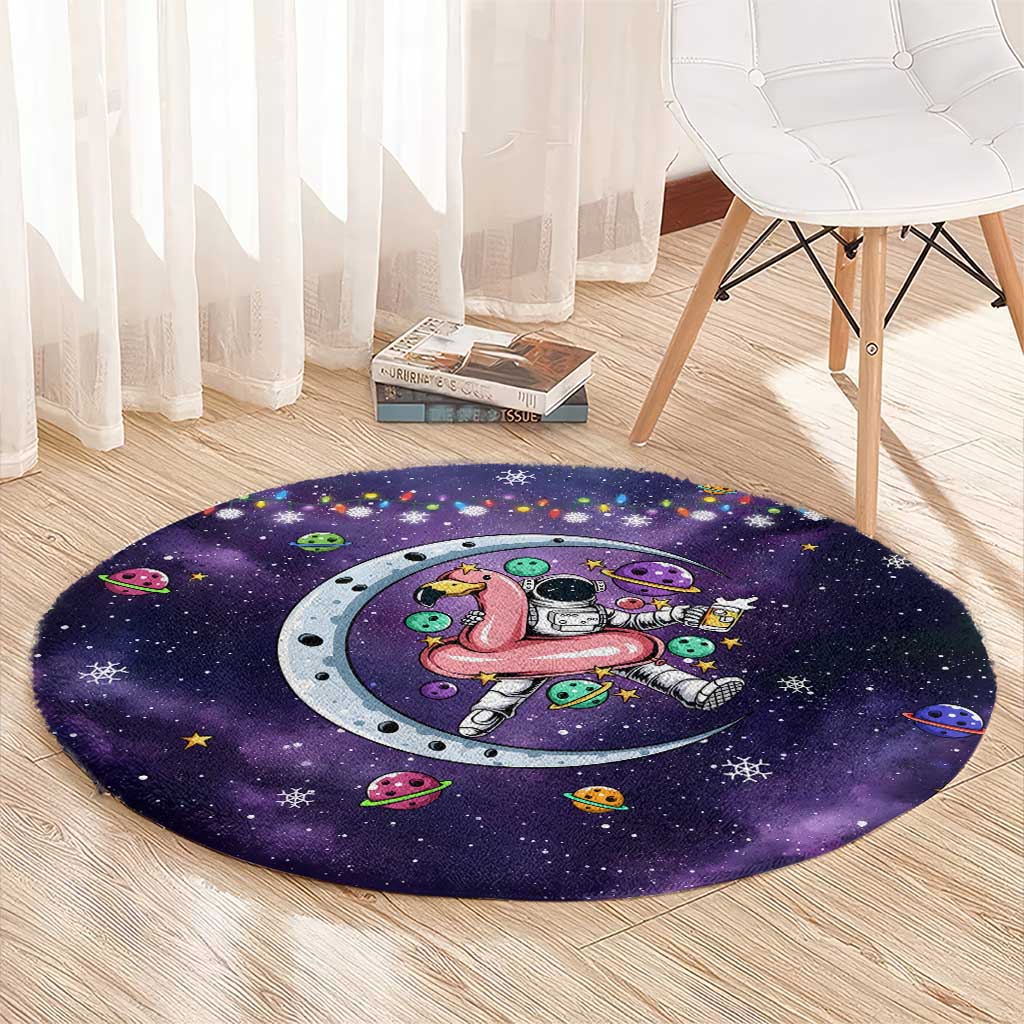 Funny Astronauts Sit On Flamingo Christmas Round Carpet Xmas Holiday Patterns - Wonder Print Shop