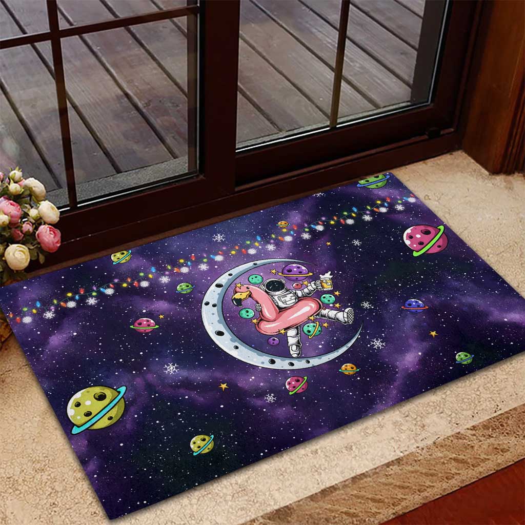 Funny Astronauts Sit On Flamingo Christmas Rubber Doormat Xmas Holiday Patterns - Wonder Print Shop