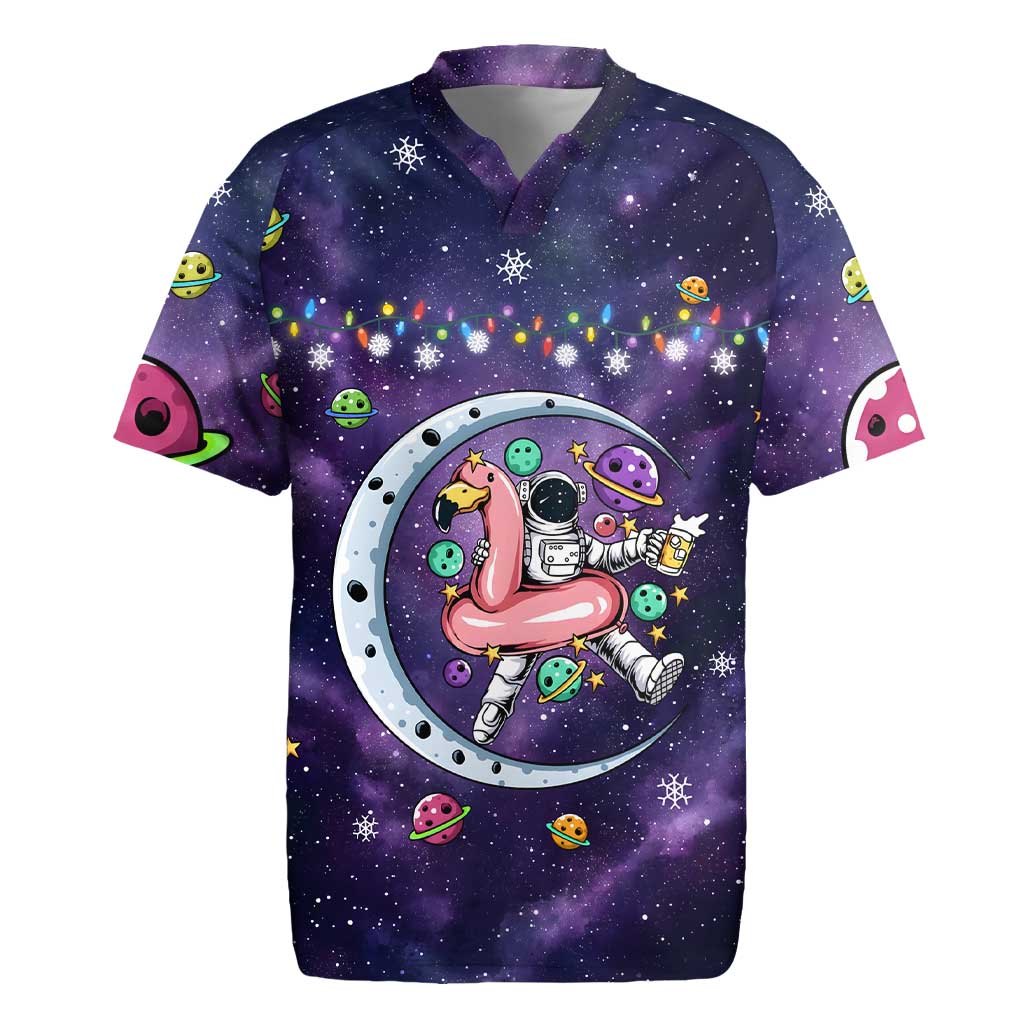 Funny Astronauts Sit On Flamingo Christmas Rugby Jersey Xmas Holiday Patterns - Wonder Print Shop